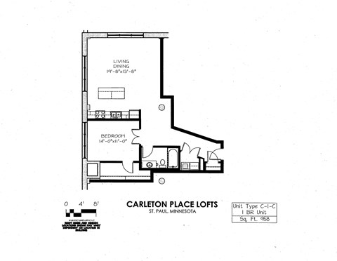 Floor plan for 1 bed, 1 bath, 958 sqft